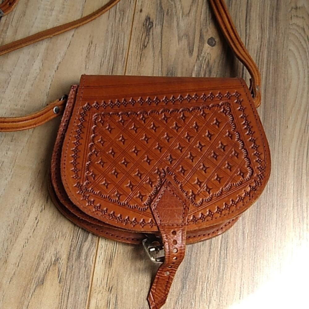 Brown Tooled Leather Boho Mini Satchel Purse - Picture 9 of 11